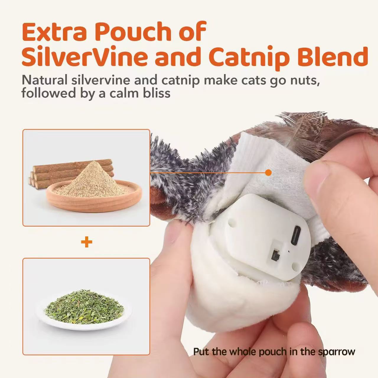 Rechargeable Sparrow Bird Realistic Interactive Cat Toy with Catnip