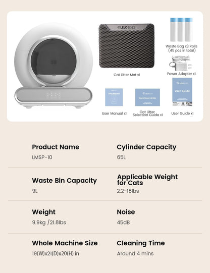 Furever Love Automatic Self-Cleaning Cat Litter Box with APP Control, Odor-Free Waste Disposal, Extra-Large 65L+9L Capacity, Robot Litter Box with Trash Bags