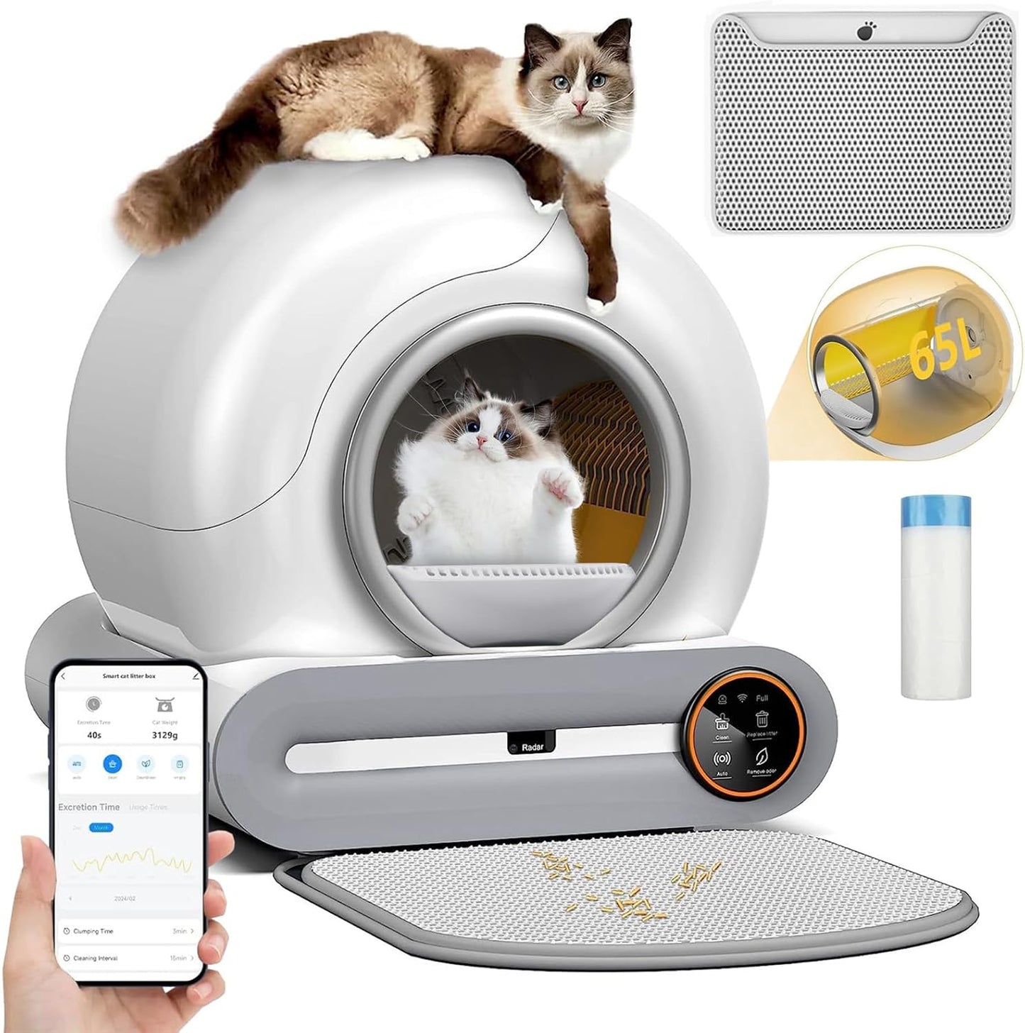 Furever Love Automatic Self-Cleaning Cat Litter Box with APP Control, Odor-Free Waste Disposal, Extra-Large 65L+9L Capacity, Robot Litter Box with Trash Bags